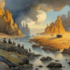 Surreal Landscape with Towering Rock Formations and Planets