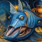 Surreal Scene with Blue Creature and Chubby Figures