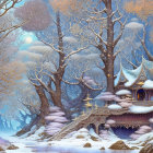Winter Village by Snow-Covered River at Night