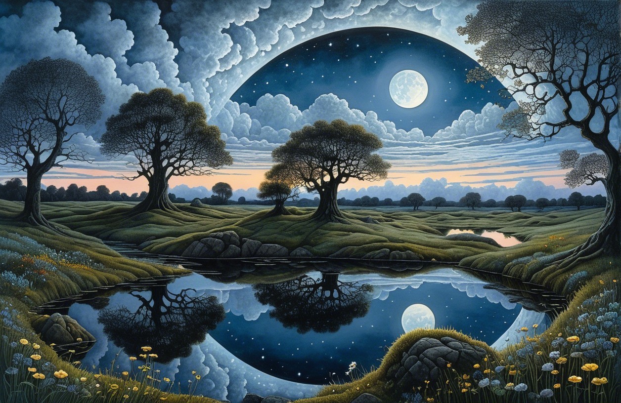 Tranquil Pond Under Full Moon in Lush Landscape