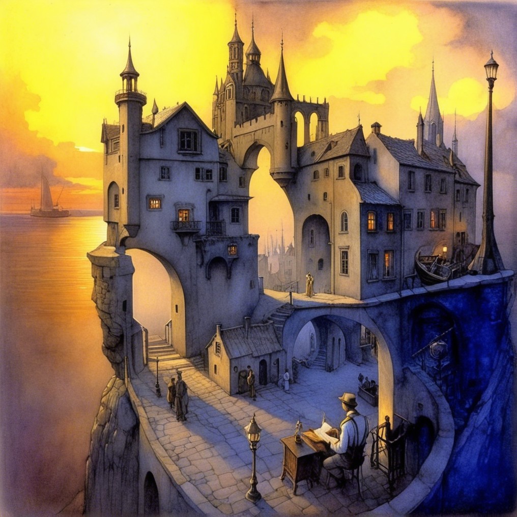 Whimsical Landscape with Interconnected Buildings over Water