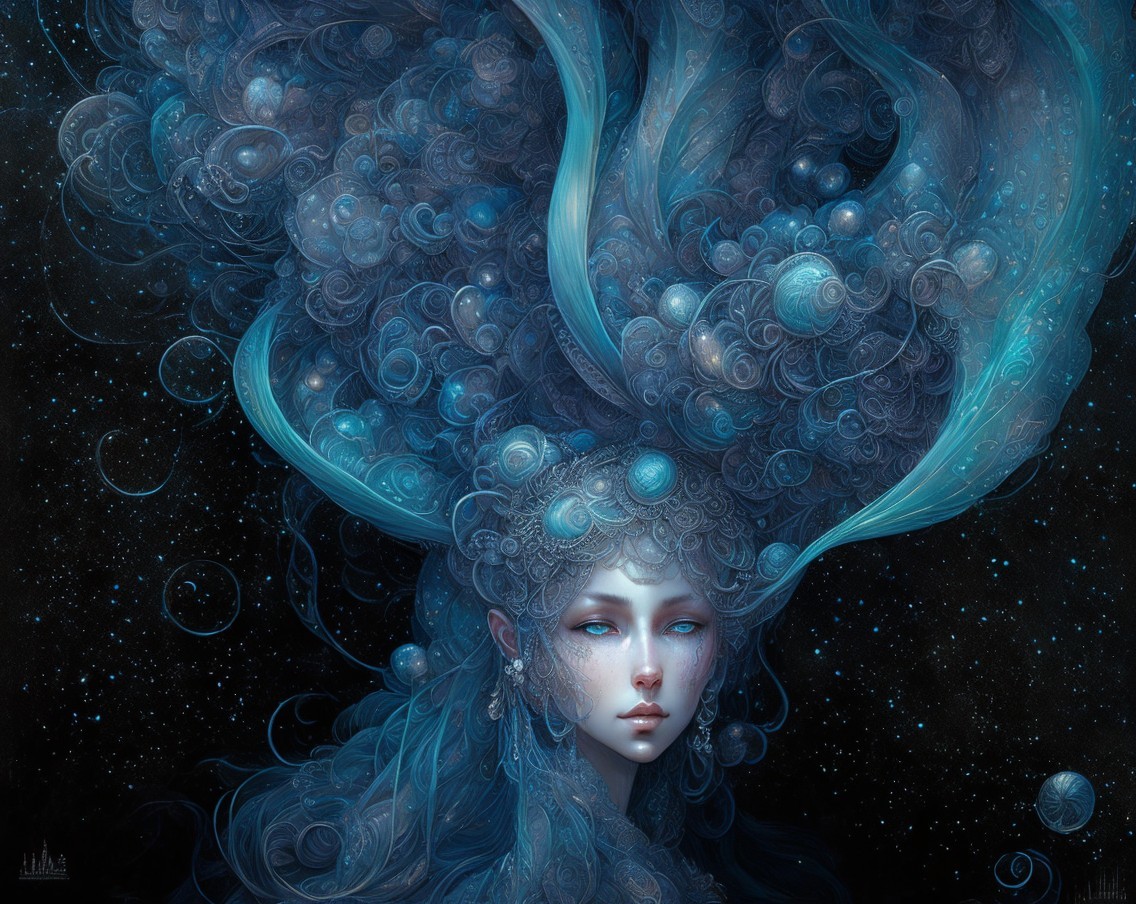 Portrait of a woman with blue hair and celestial orbs