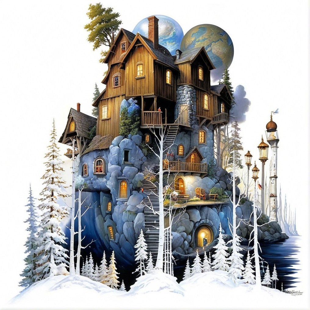 Whimsical Wooden House in Serene Winter Landscape