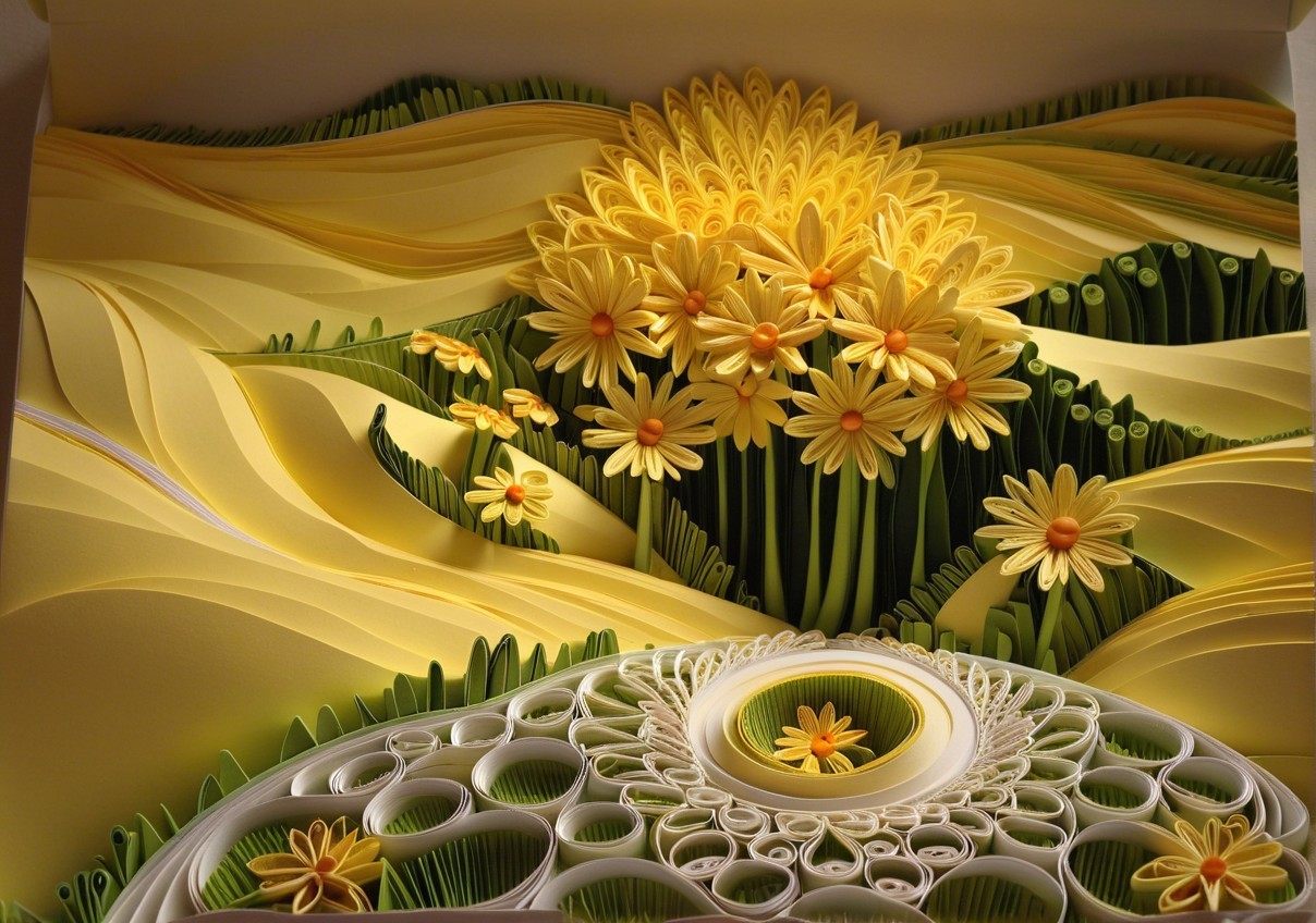Vibrant Paper Art Landscape with Yellow Flowers and Hills