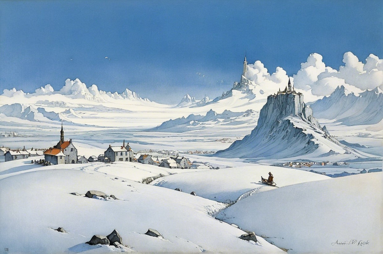 Winter Landscape with Snow-Covered Houses and Mountains