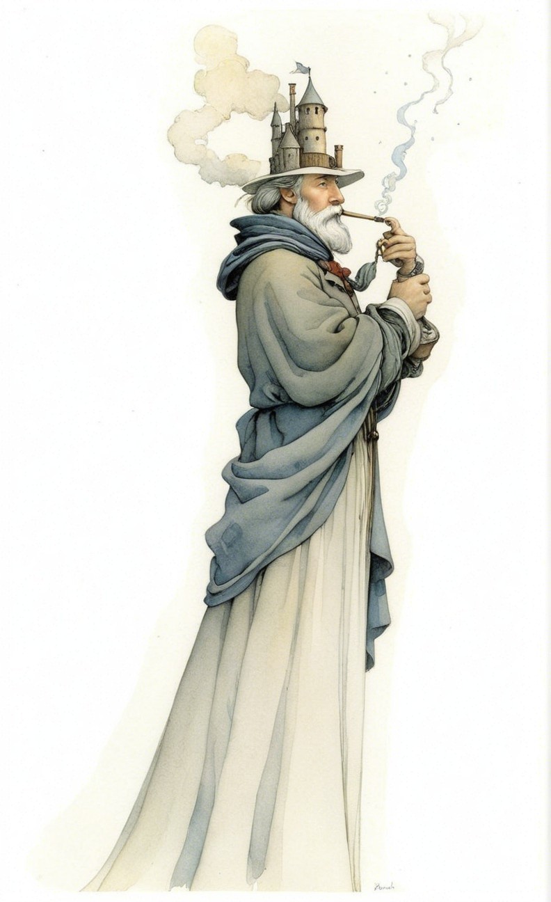 Elderly figure in robes with whimsical castle and smoke