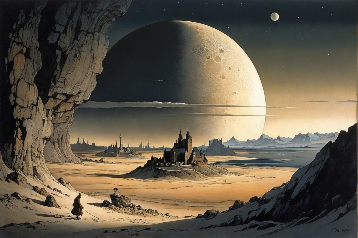 Alien Desert Landscape with Twilight Sky and Castle