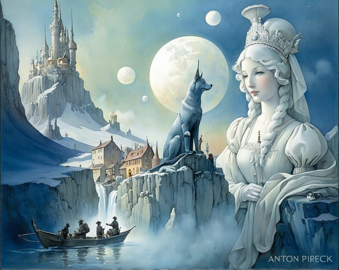 Majestic castle and ethereal woman in fantasy landscape