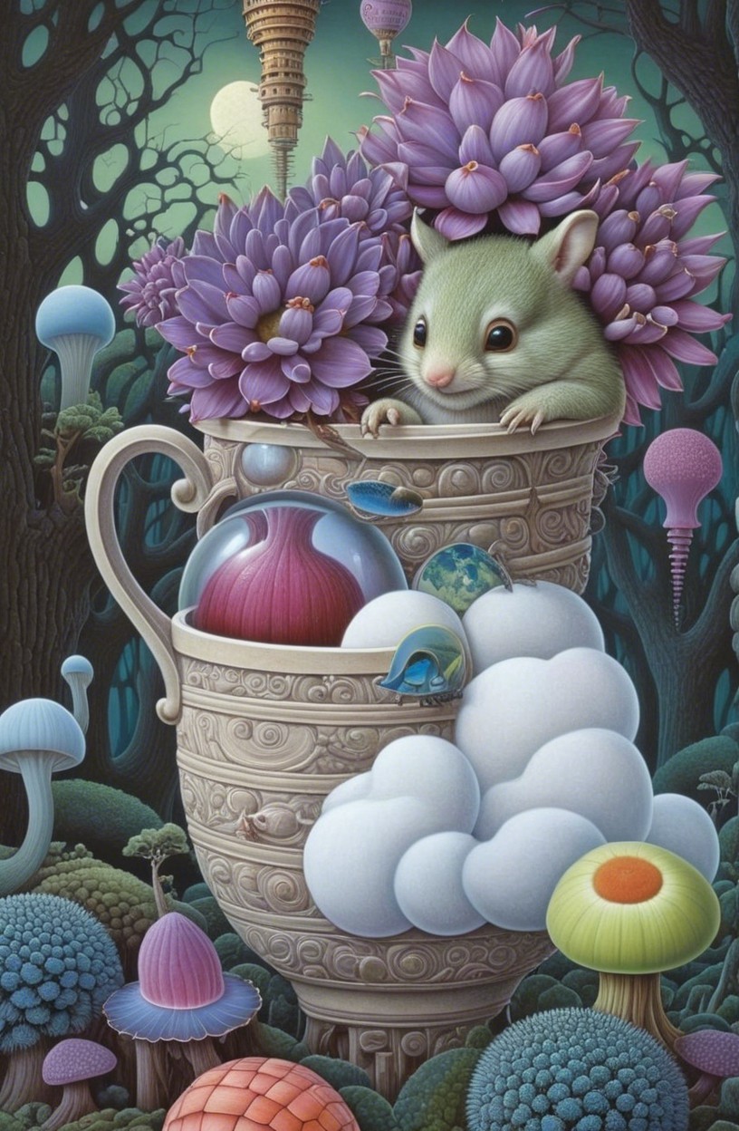 Whimsical Creature in a Flowered Teacup Scene