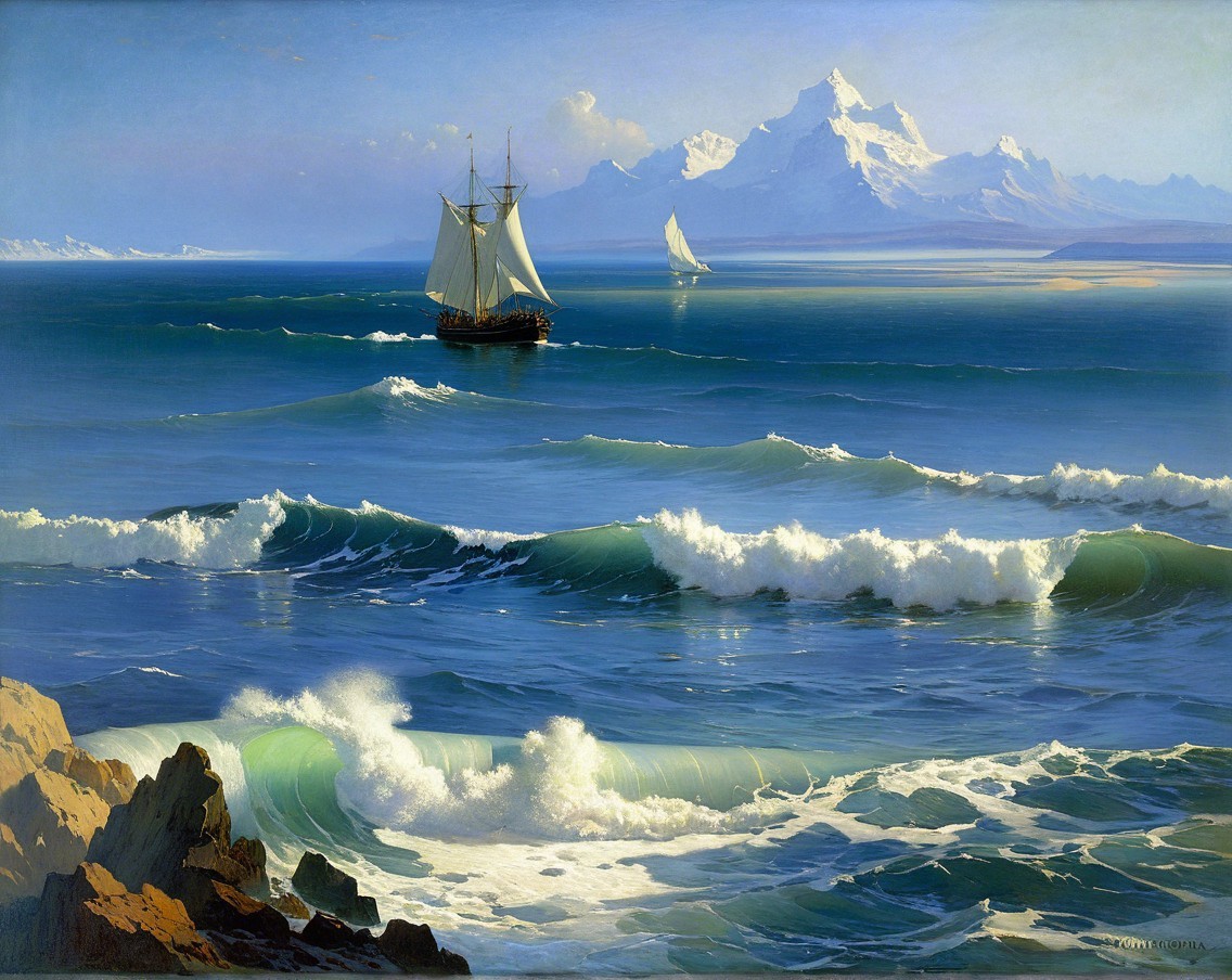 Serene Seascape with Ship and Snow-Capped Mountains
