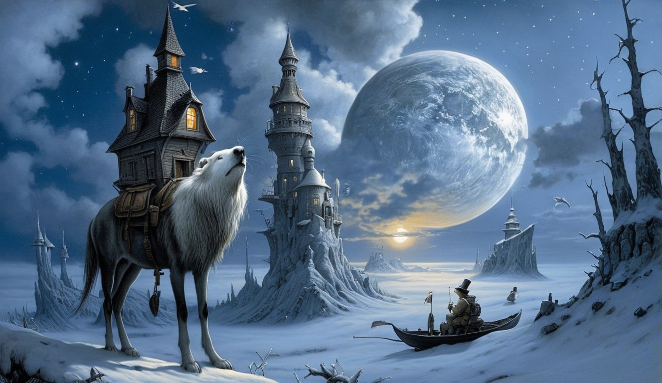Surreal Landscape with Wolf and Twilight Castles