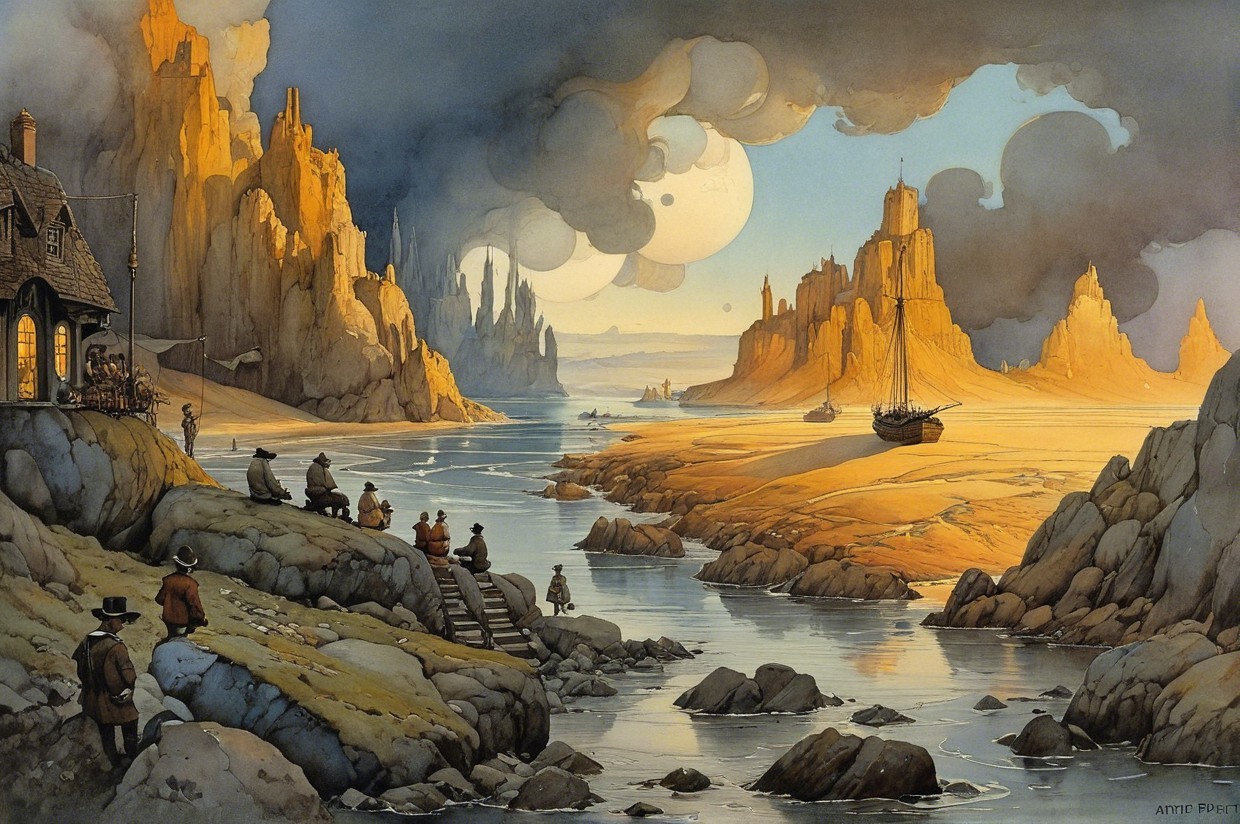 Serene Landscape with Rock Formations and River