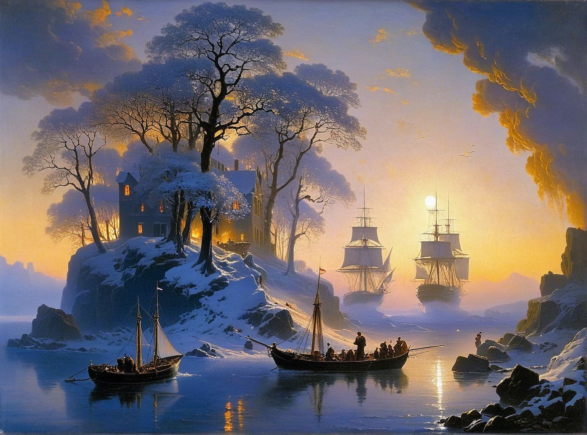 Serene Winter Landscape with Sunset and Ships