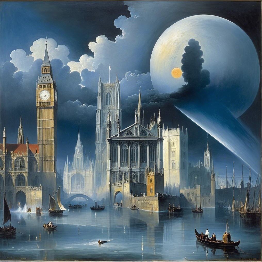 Surreal Cityscape with Iconic Structures and Water Reflection