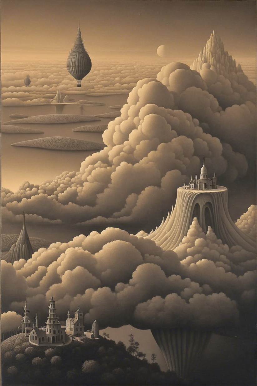 Surreal Landscape with Clouds and Fantastical Structures
