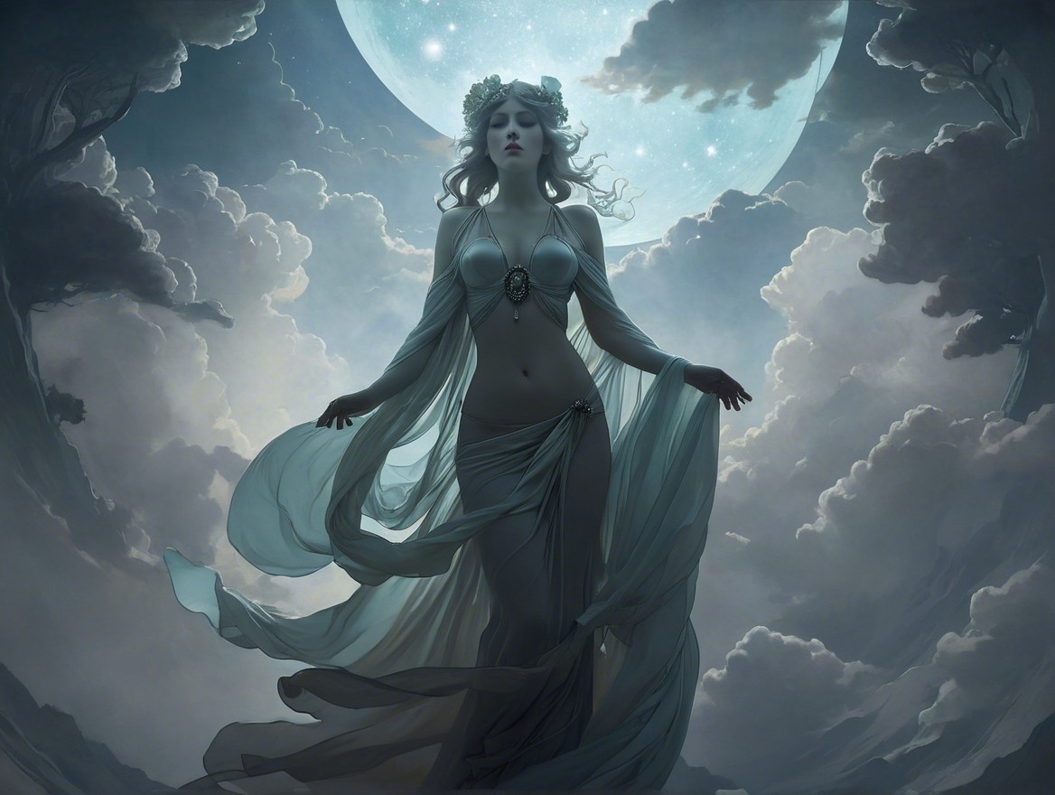 Mystical Figure Beneath Luminous Full Moon and Clouds