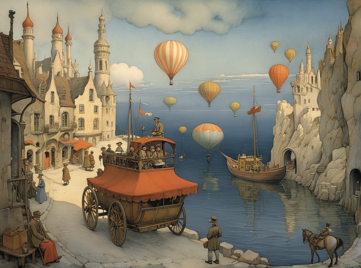 Quaint seaside village with whimsical architecture and balloons