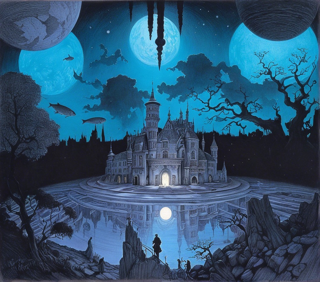 Mystical Castle Amidst Night Sky and Waterbody