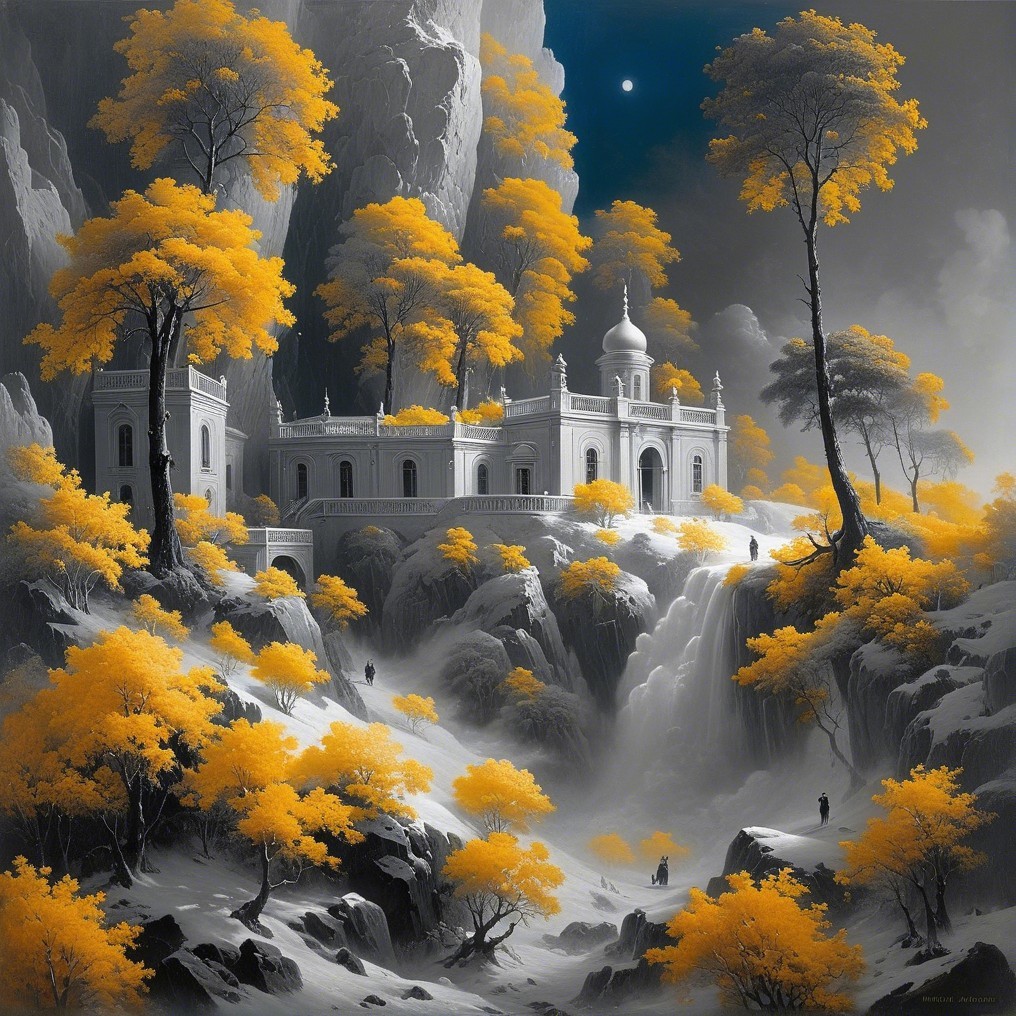 Tranquil Landscape with Temple and Waterfall Scene