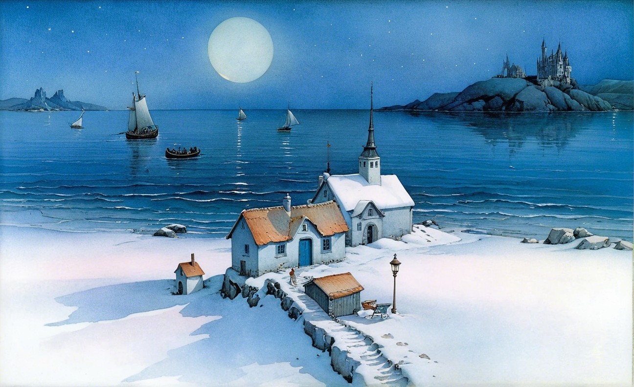 Tranquil Winter Landscape with Village and Moonlight