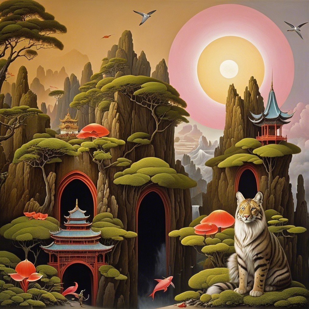 Serene Landscape with Mountains and Tiger in Foreground