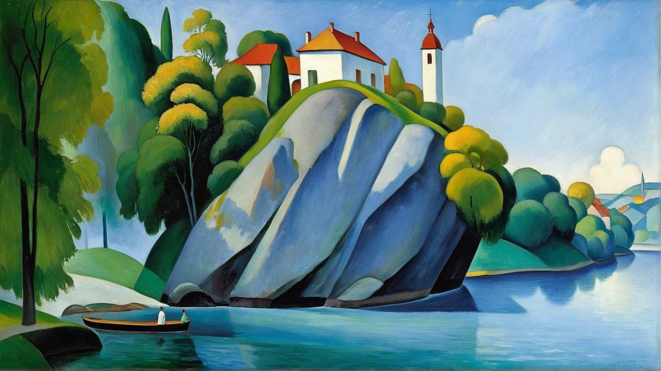 Serene Landscape with Rock Formation and Lake Scene