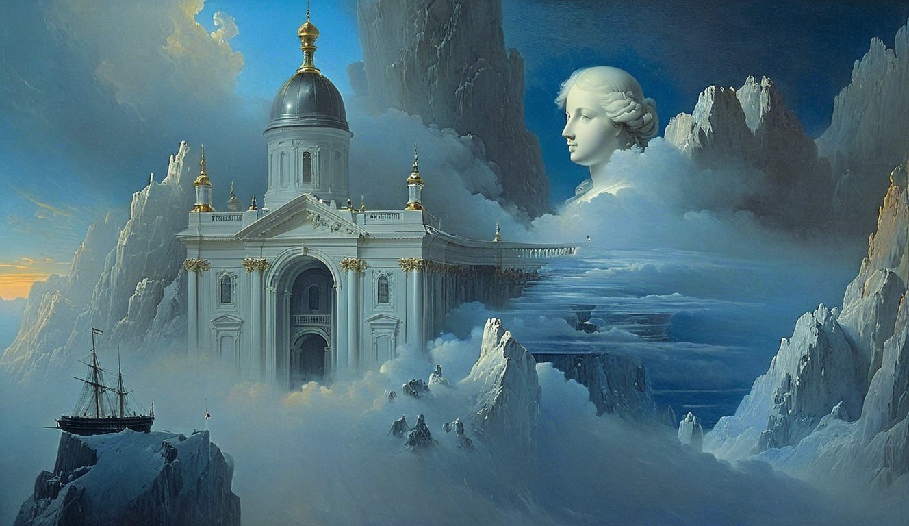 Surreal Landscape with Domed Structure and Sailboat
