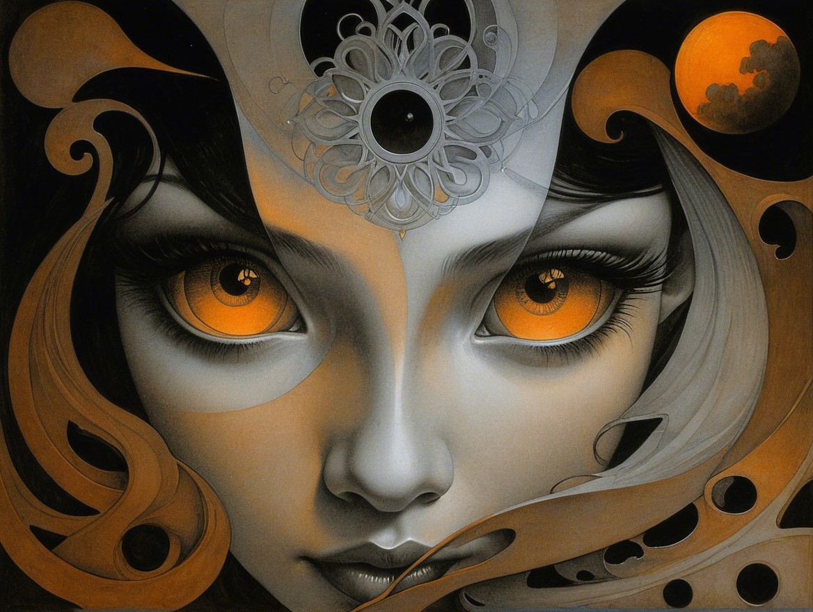 Close-Up of Woman's Face with Orange Eyes and Patterns