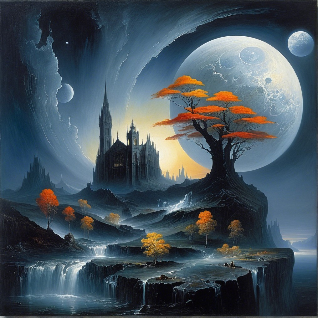 Mystical Landscape with Castle and Cosmic Sky