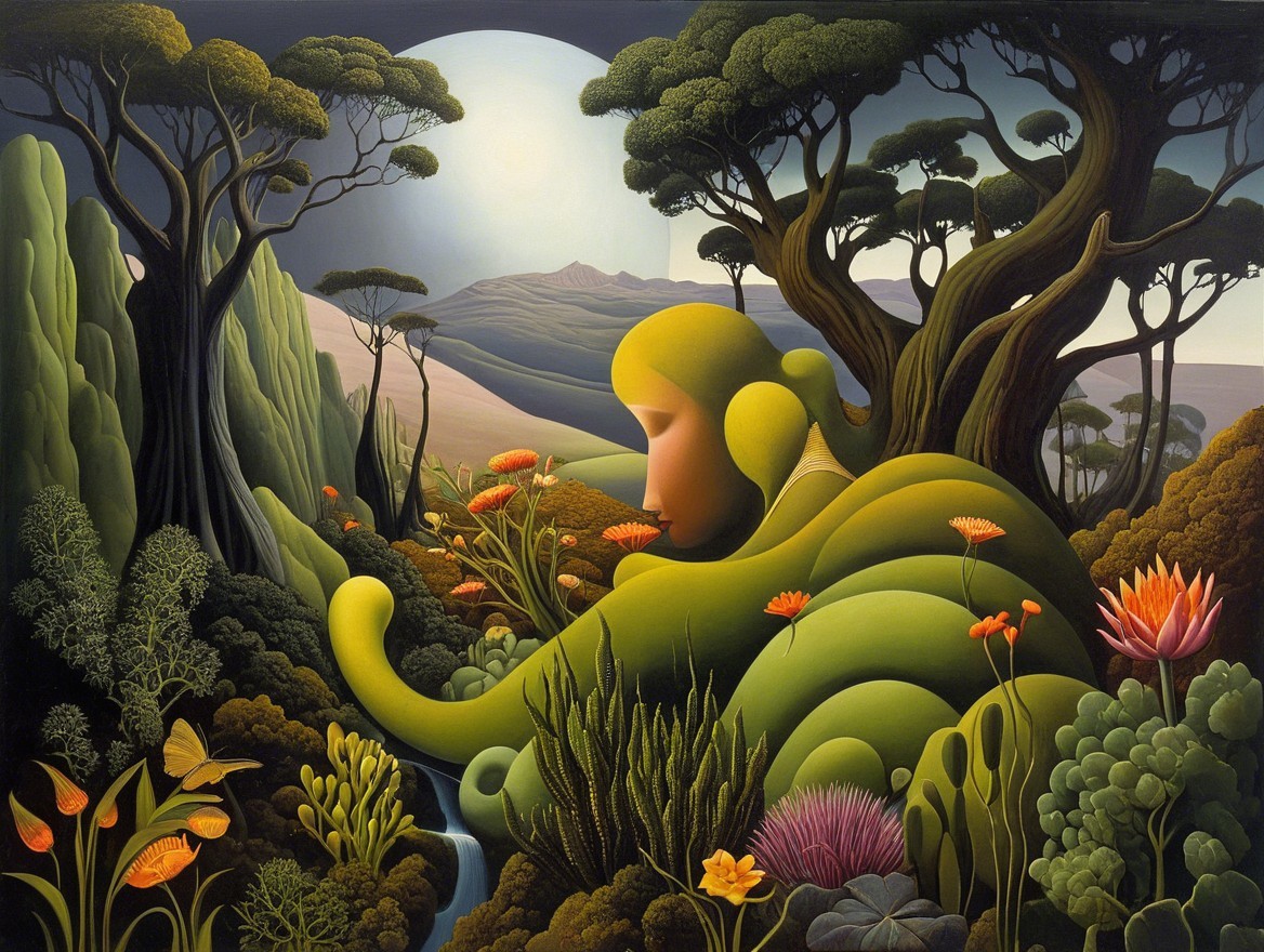 Surreal Landscape Blending Woman and Nature Elements