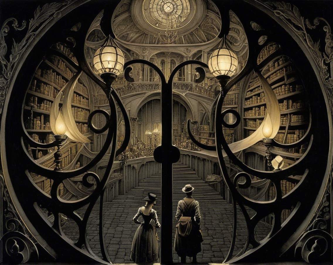 Grand Library Viewed Through Ornate Wrought-Iron Gate