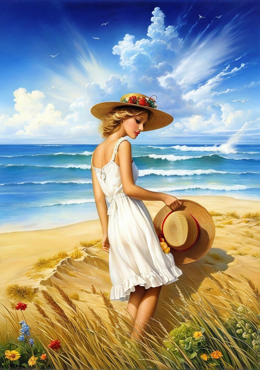 Young Woman in White Dress at Sunlit Beach