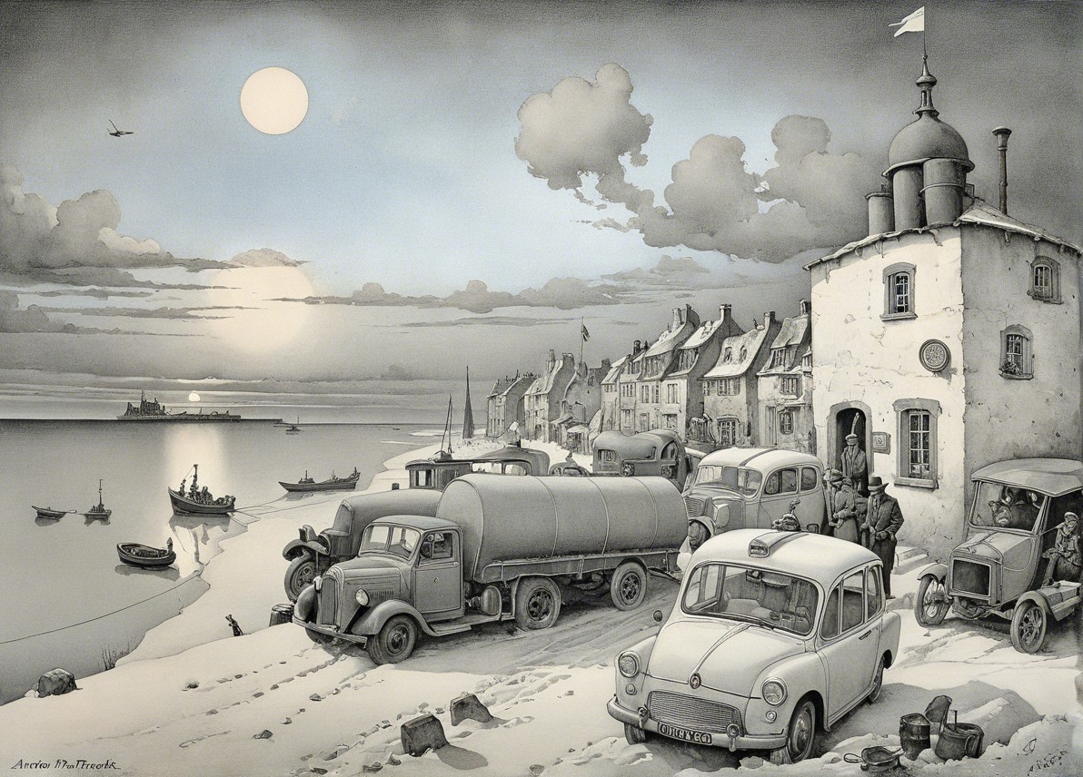 Twilight Coastal Scene with Vintage Cars and Boats