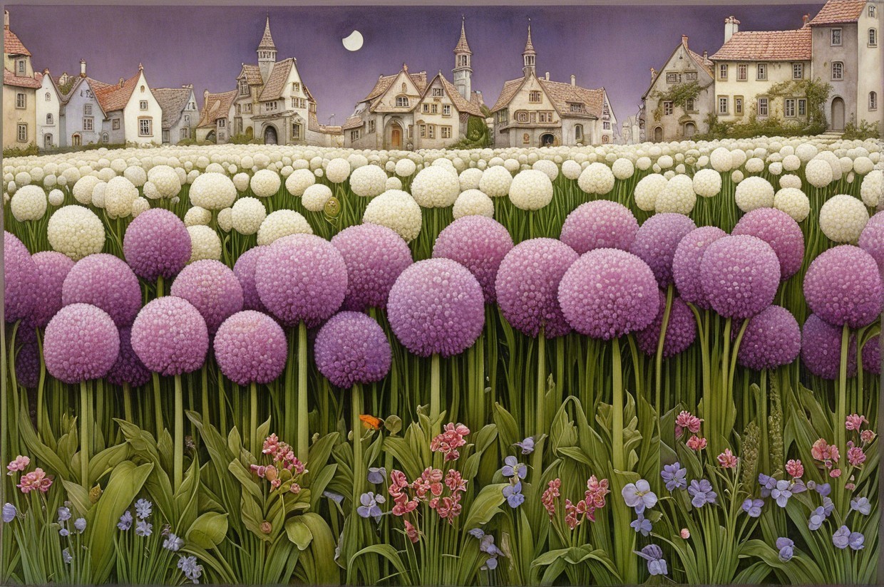 Vibrant Landscape with Oversized Flowers and Houses