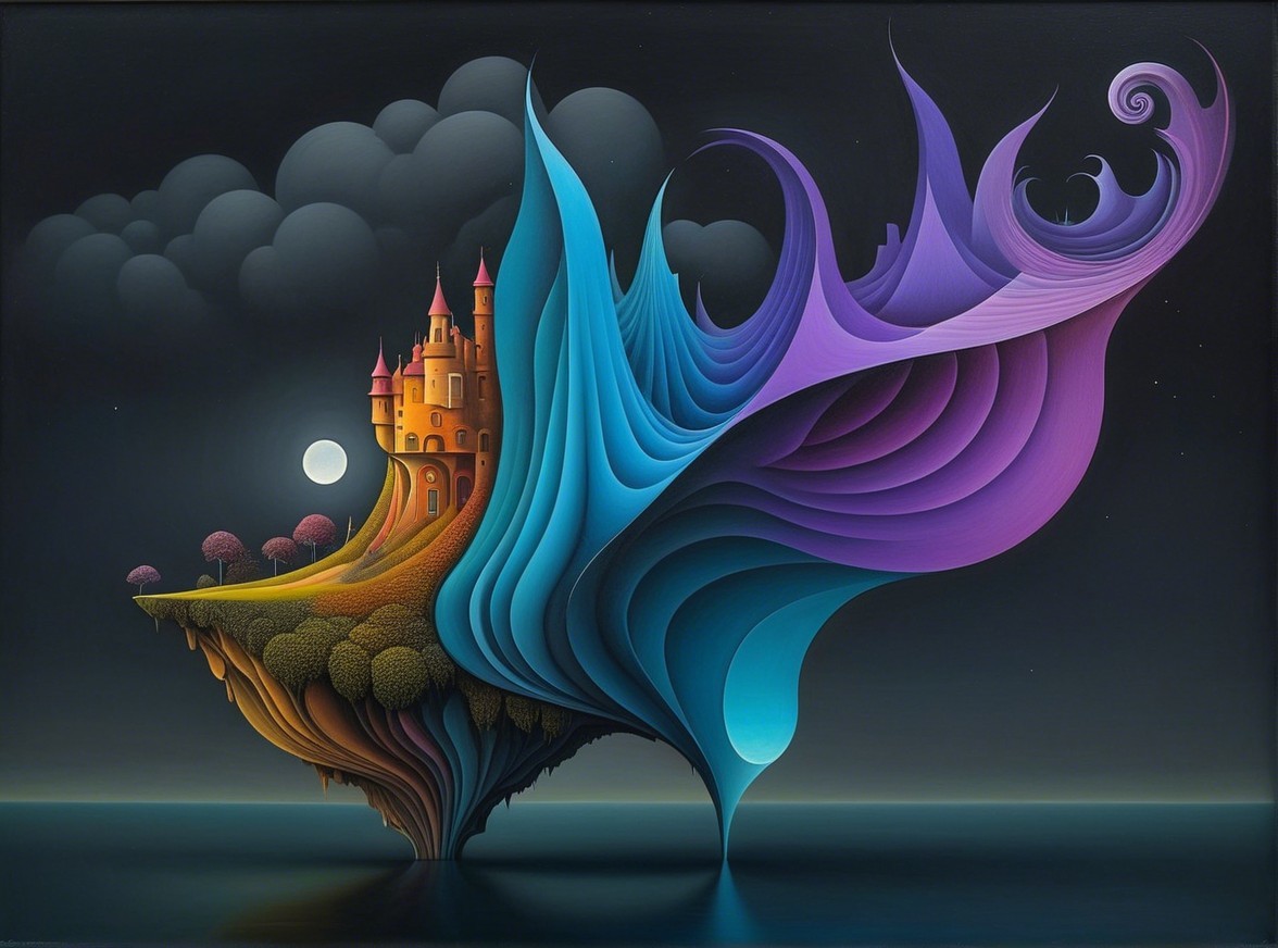 Surreal Floating Island with Whimsical Castle and Moonlight