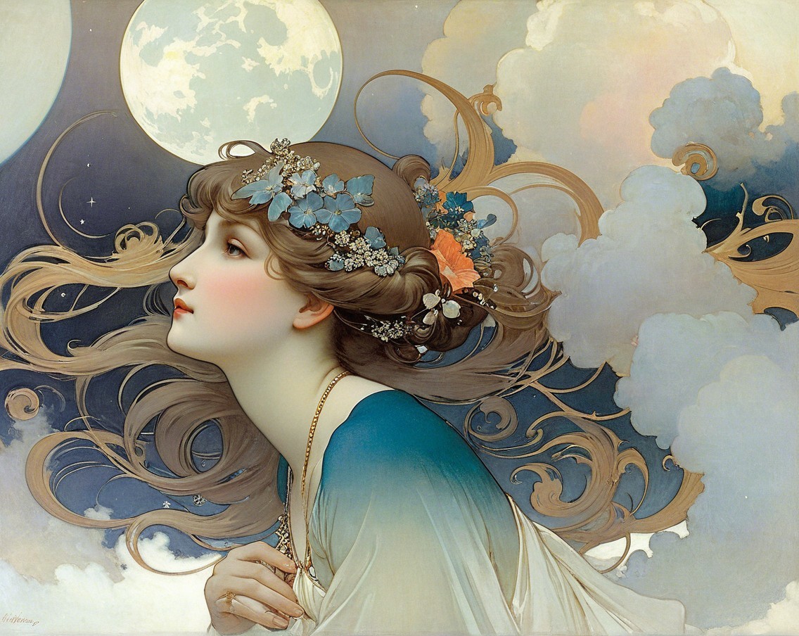 Dreamy Woman with Flowers Under Full Moonlight