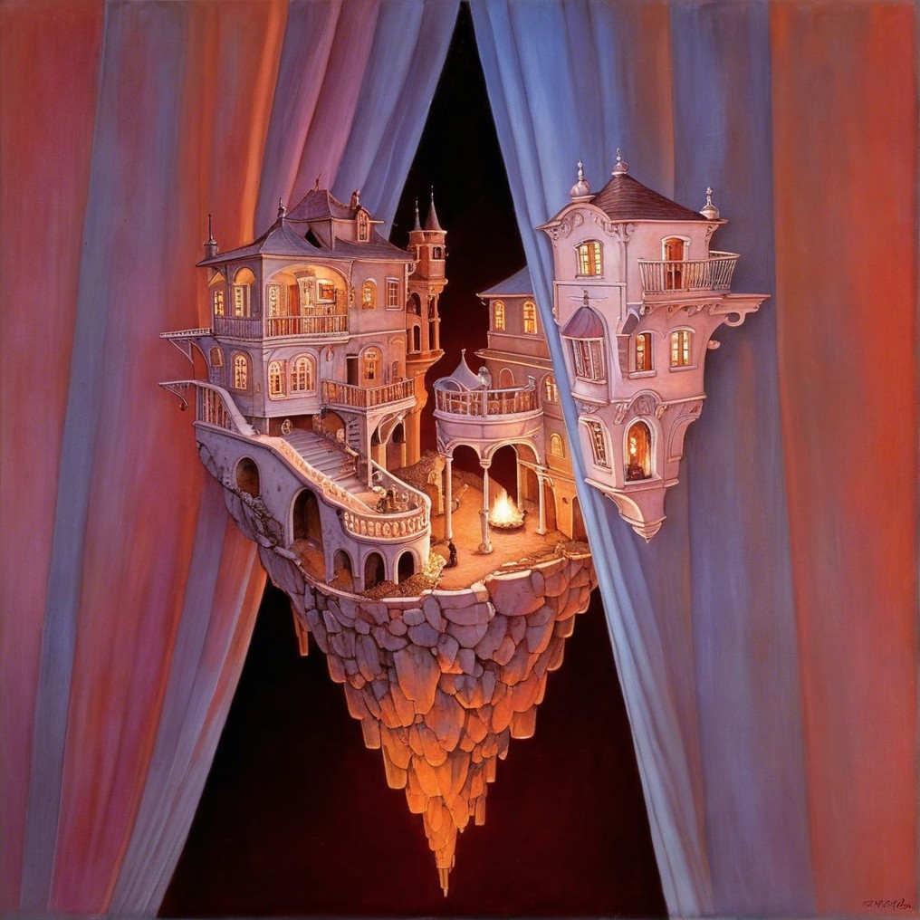 Whimsical Floating Houses on Heart-Shaped Base