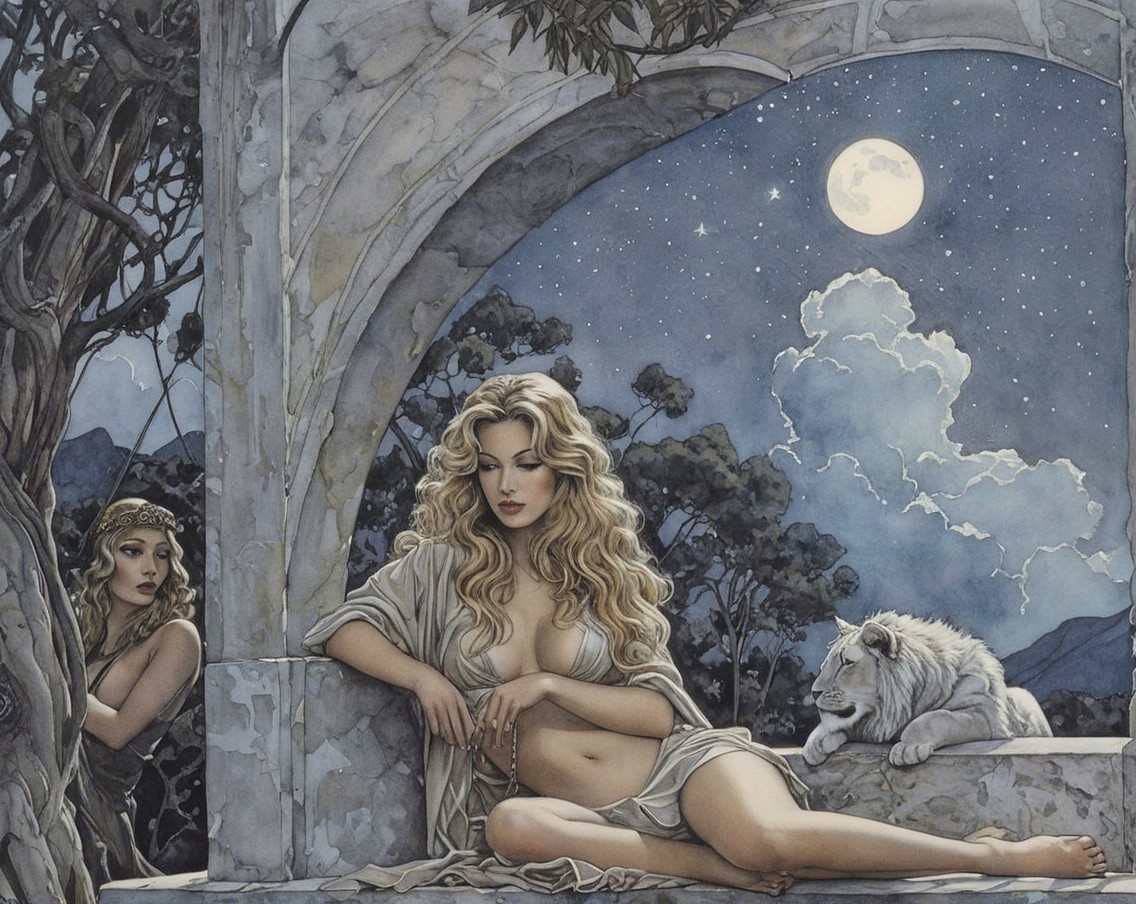Mystical Night Scene with Women and a White Lion