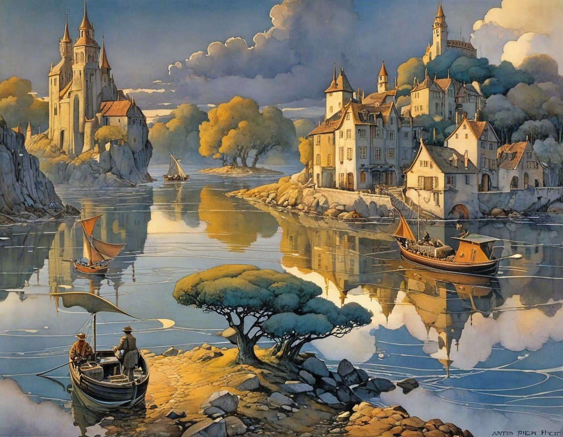 Tranquil River Landscape with Castles and Sailboats