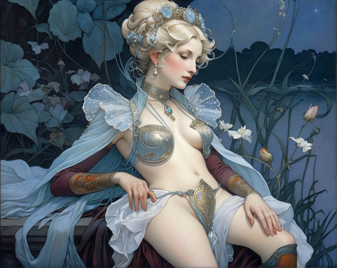 Ethereal figure in flowing garments and delicate jewelry