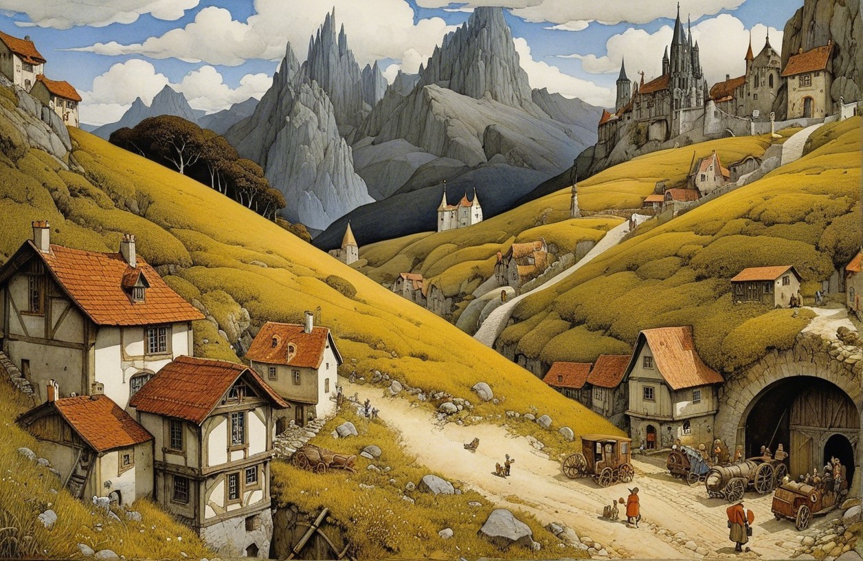 Serene Village Landscape with Rolling Hills and Mountains
