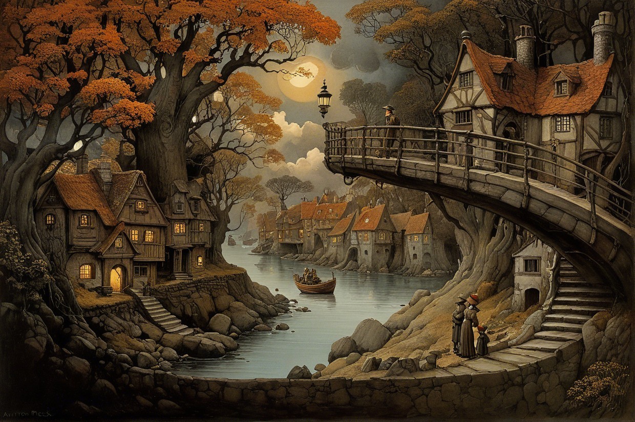 Enchanted Landscape with Quaint Houses and River