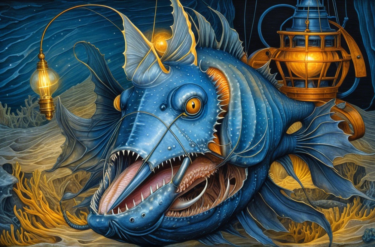 Deep-Sea Creature with Vibrant Blue Hue and Lantern