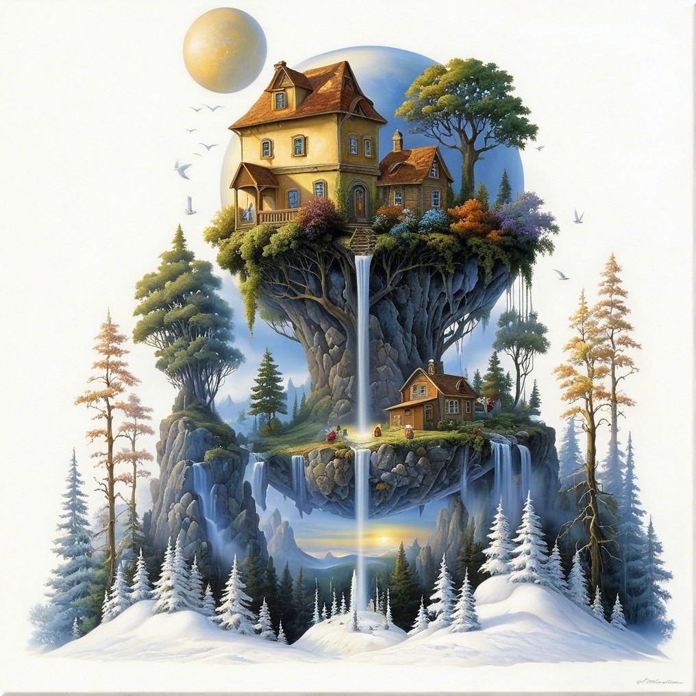 Fantastical Landscape with Floating Islands and Waterfalls