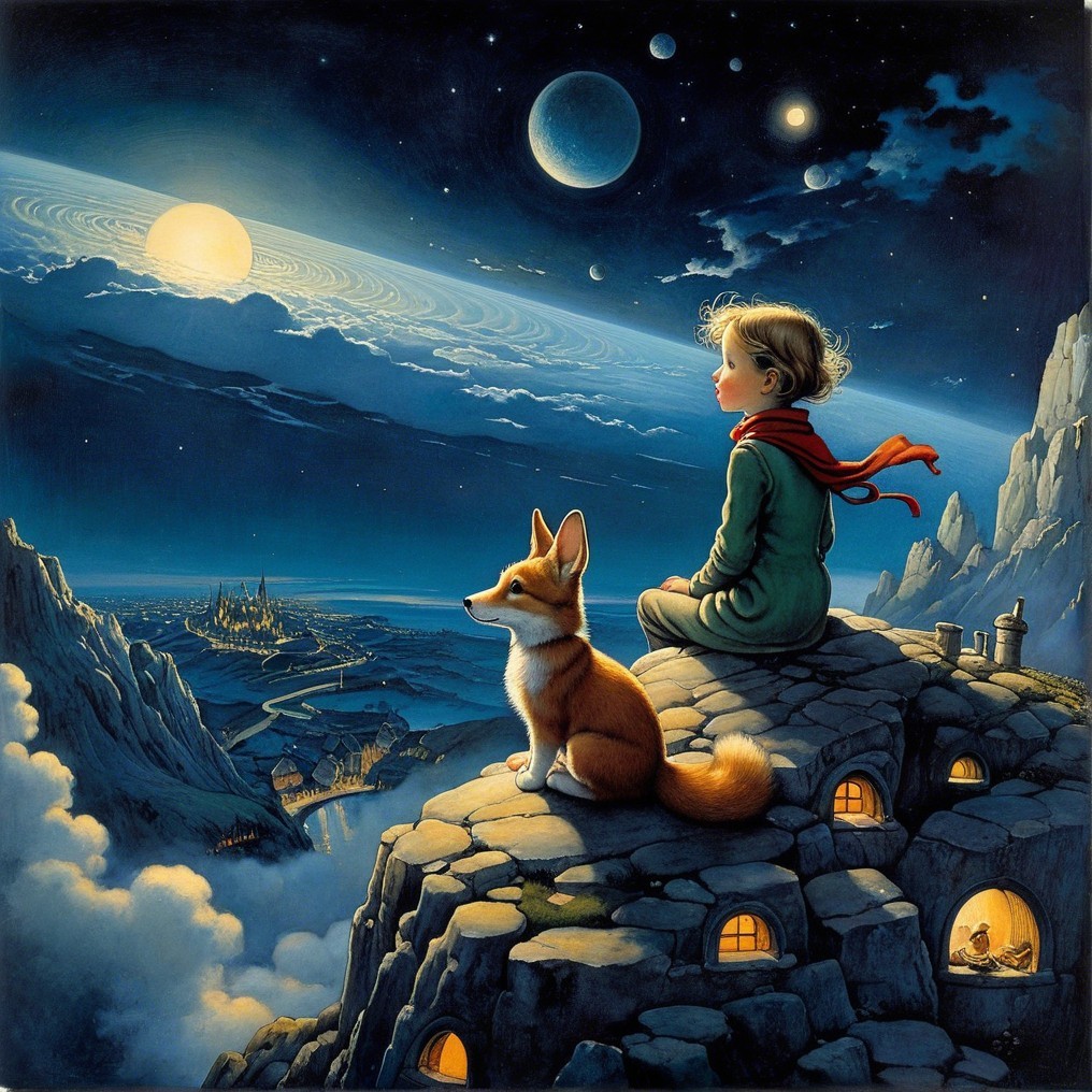 Boy and Corgi Overlook Village Under Starry Sky