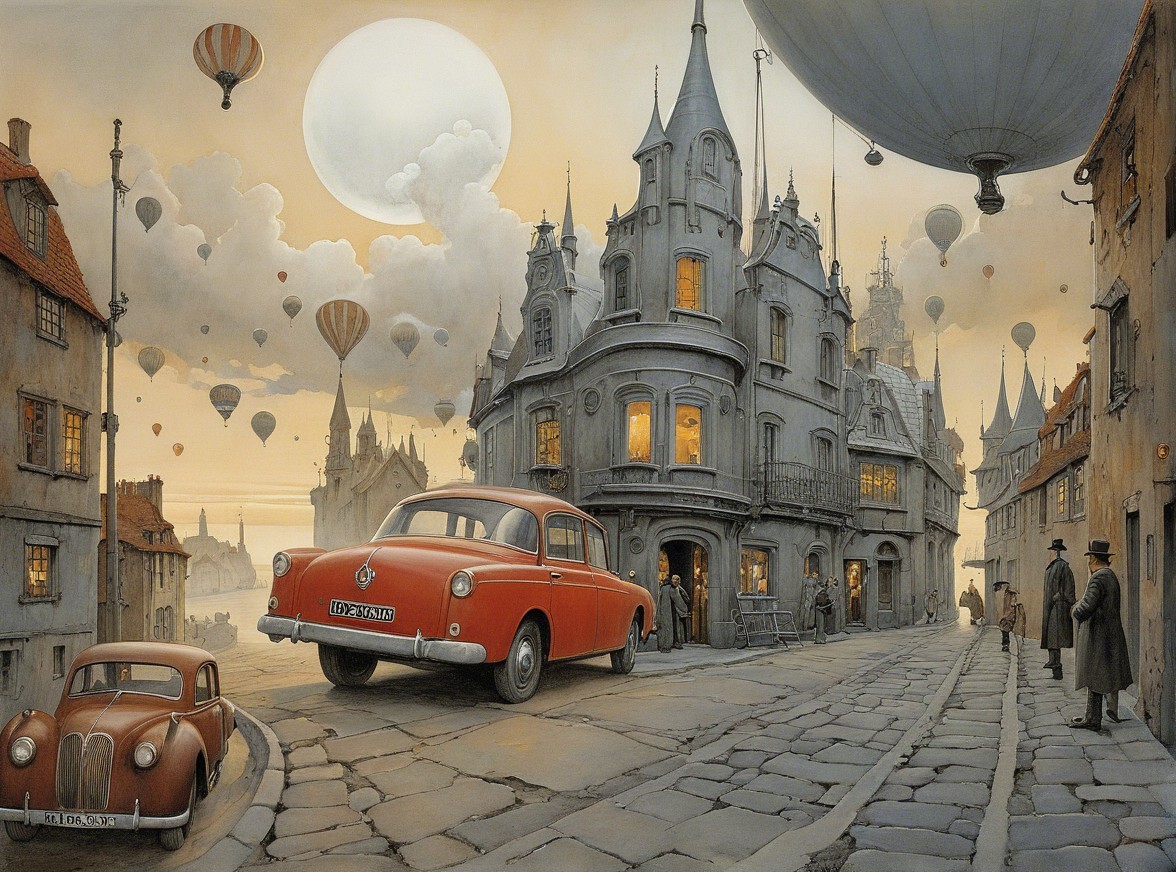 Dreamlike Scene of Cobblestone Street with Balloons