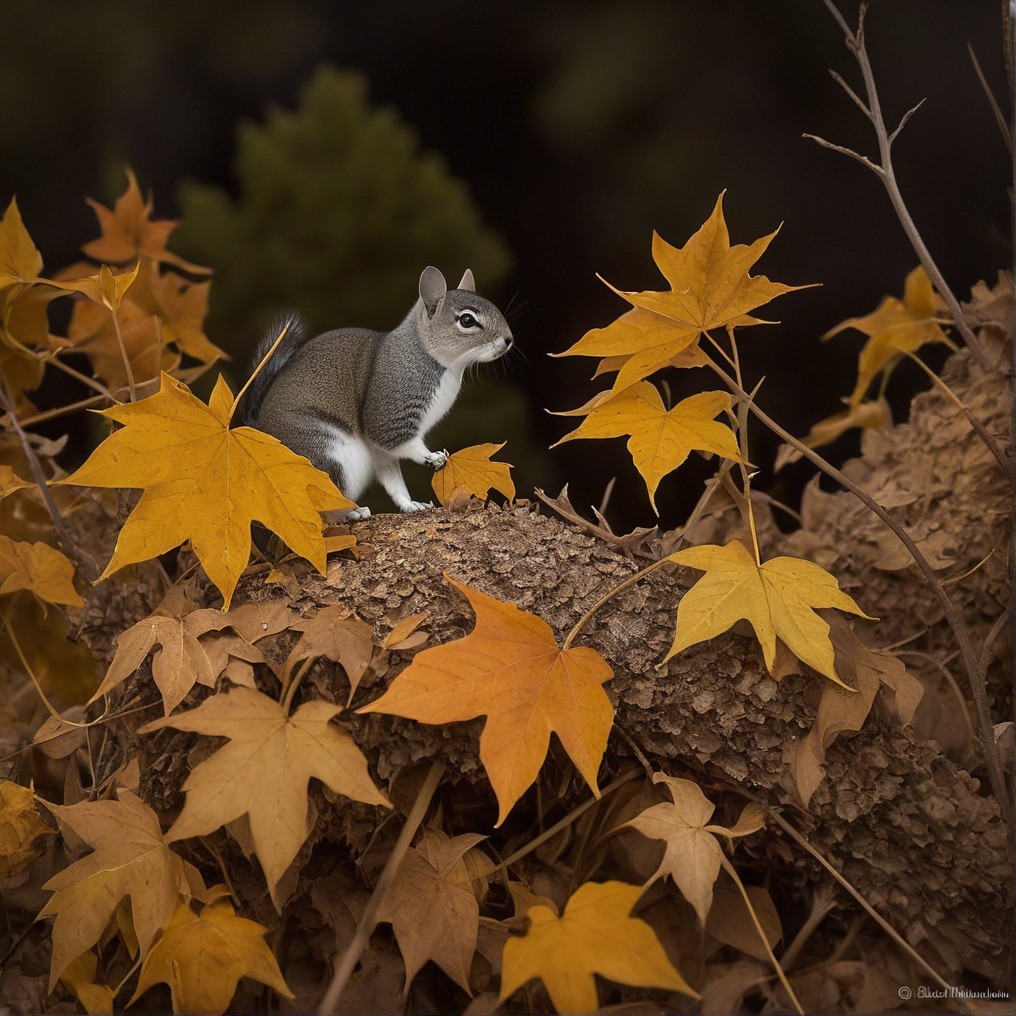 Gray Squirrel on Log Surrounded by Autumn Leaves