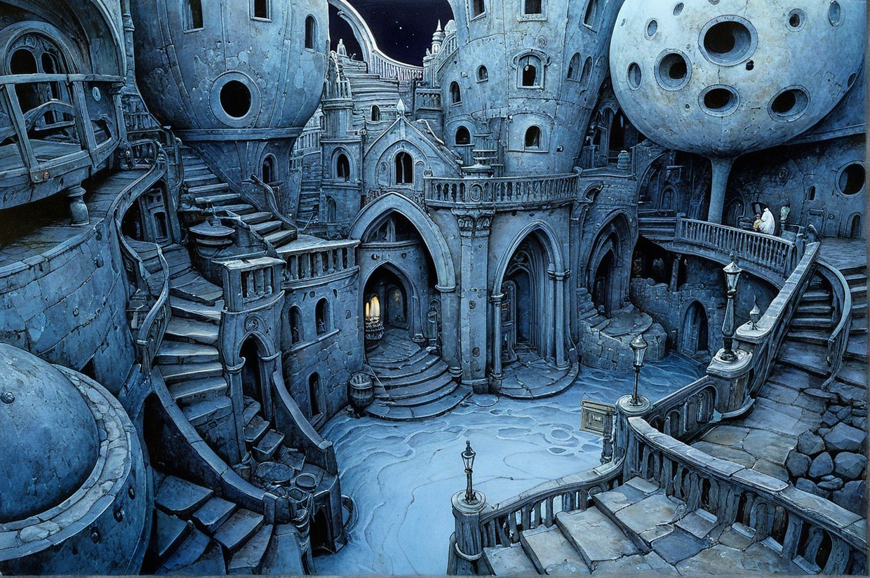 Surreal Architectural Scene with Intricate Stonework