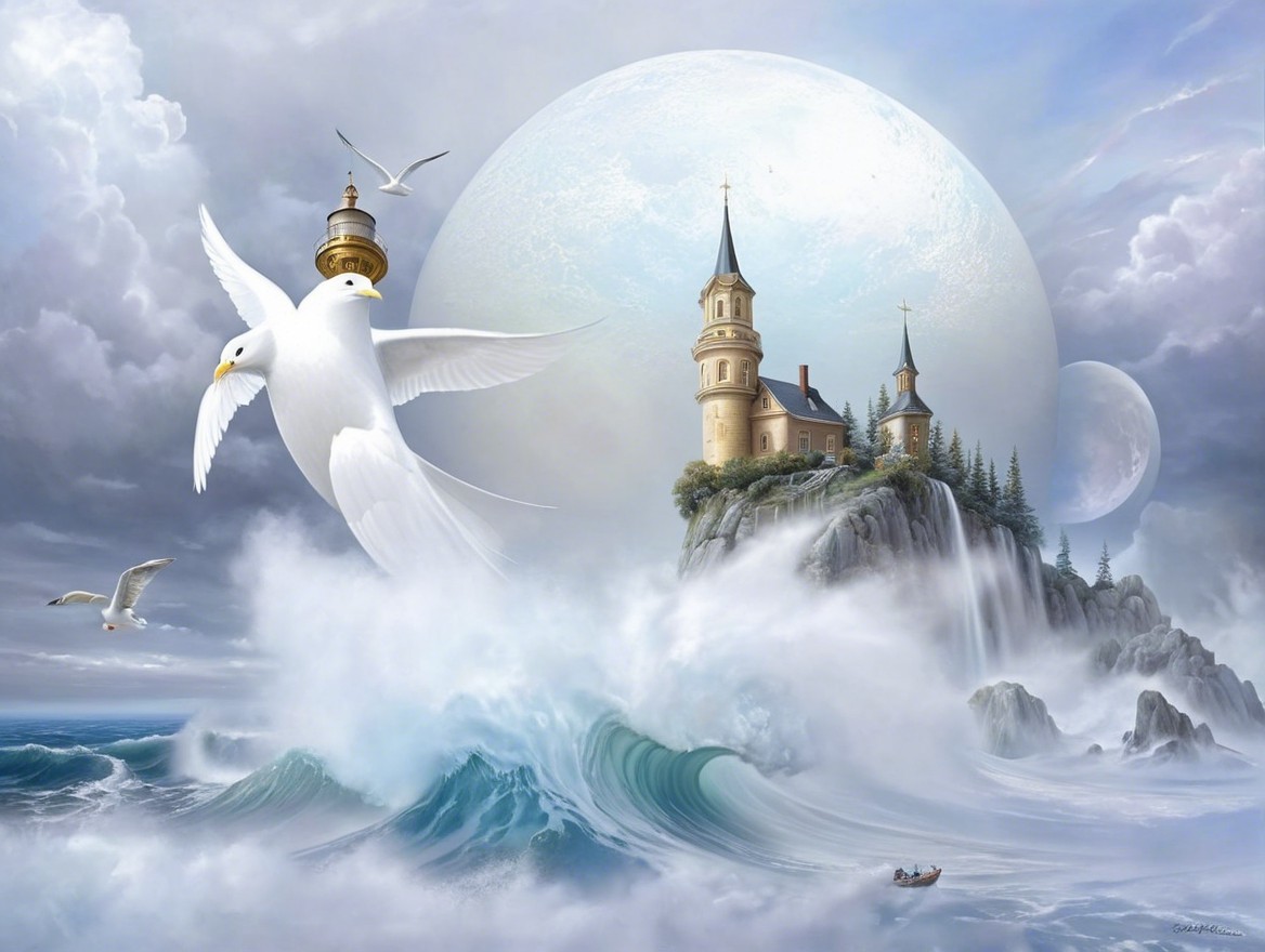 Surreal Landscape with Castle and Dramatic Coastline