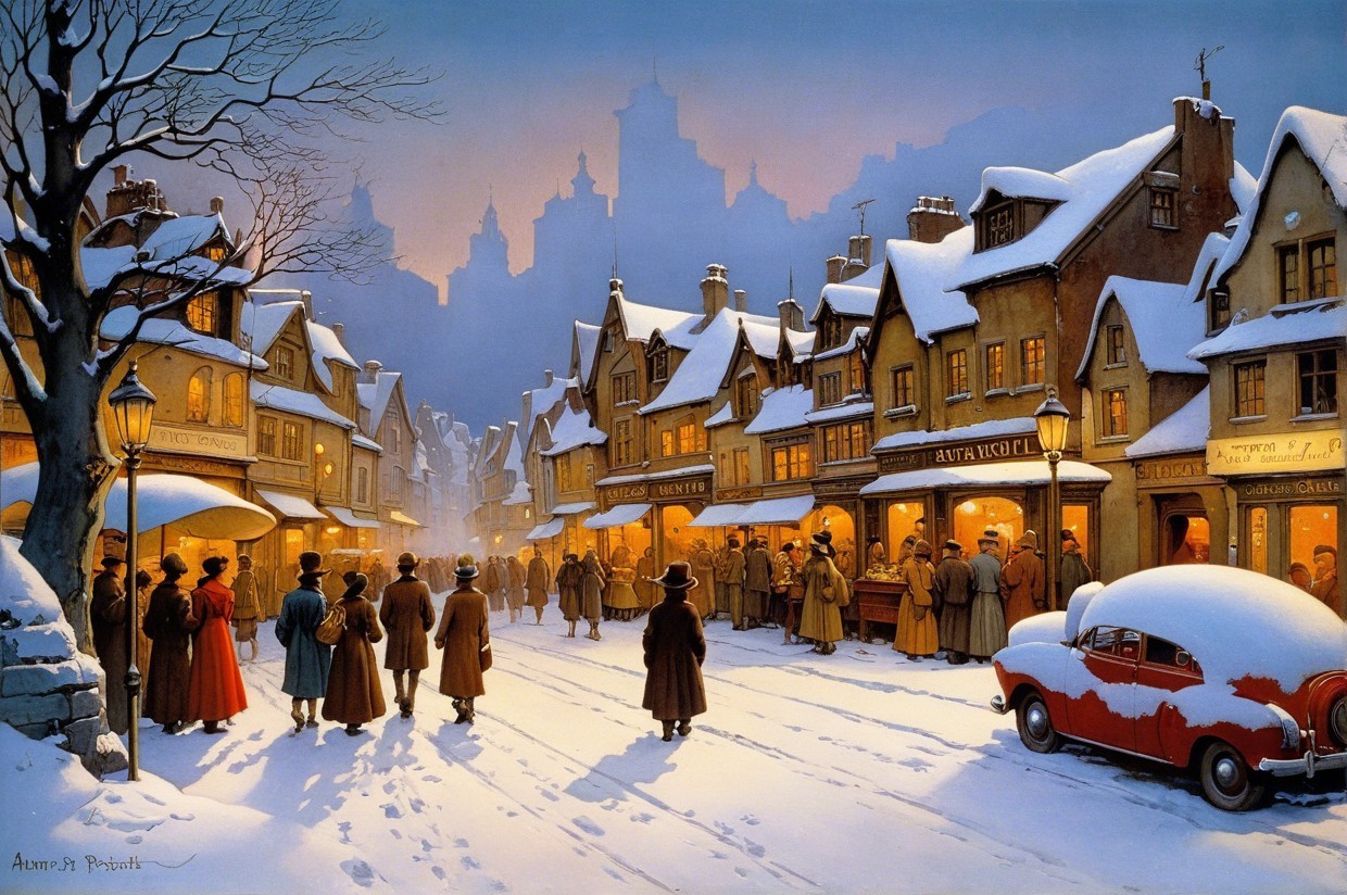 Winter Scene with Snow-Covered Shops and Vintage Strolls
